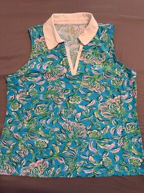 Lilly Pulitzer Sleeveless Floral V-Notch Polo Tank - Turquoise Pink Green XL